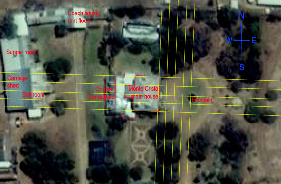 Aerial view of "Monte Cristo" from Google Maps. Grid lines and outline of main house added by Jenwytch. We only dowsed in a small area of the front yard and driveway but the lines we found show the general pattern which would be repeated over a much larger area. (The regularity of the H-grid can be affected by man made disturbances such as high tension power lines, roads etc.)
